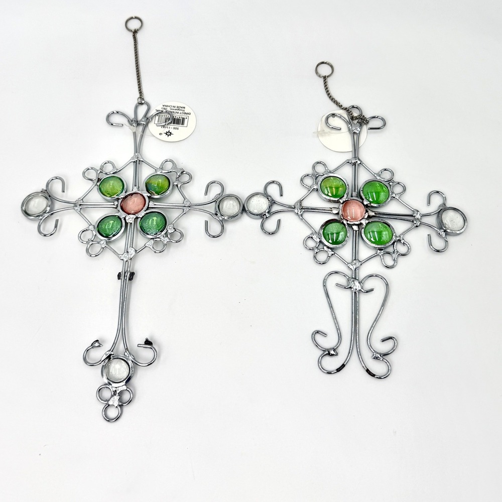 Set of 2 Glass Metal Filigree Cross Wall Hanging Decor 9"
